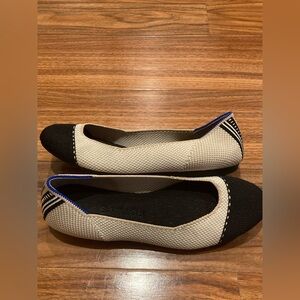 Rothy's Women’s Flat Two Tone Black/Beige Cap Toe Ballet Slip On -SZ 6/EU36